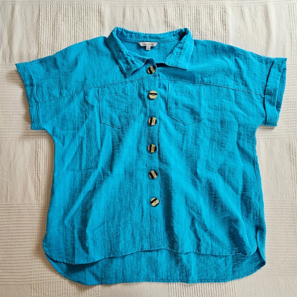 John Mark Turquoise Blue Button Front Blouse Shor… - image 1